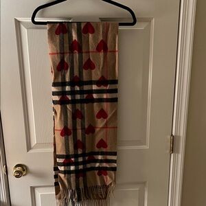 Burberry Tan and Red Heart Pattern Scarf